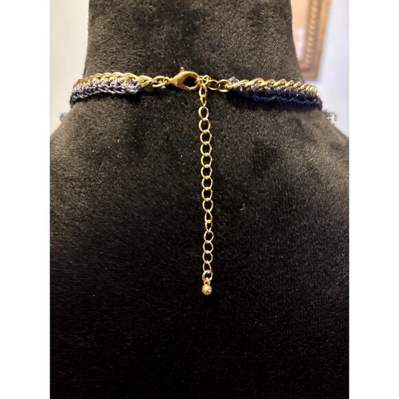 Navy Blue Beaded Collar Necklace Gold Chain Adjustable Lobster Clasp Handcrafted - Picture 3 of 5
